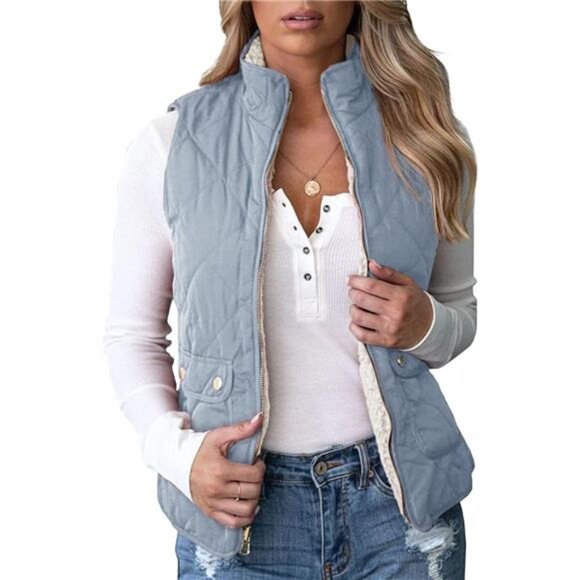 Valphsio Women's Reversible Sherpa Vest Quilted Zip Fleece Padded Gilet with - Picture 1 of 6